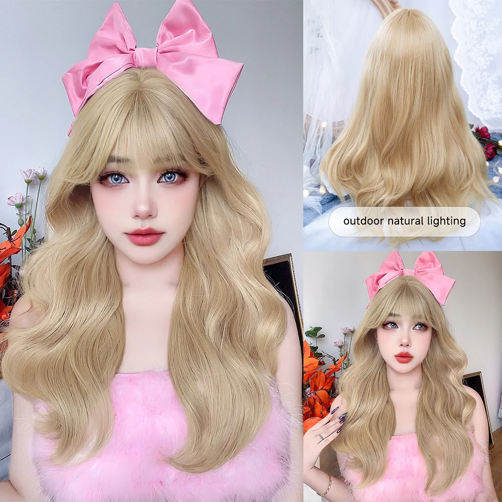 Perruque Synthétique Blonde Lolita avec Frange pour Femme, Cheveux Longs Ondulés Naturels, 24 Pouces, 03 Utilisation, Cosplay Drag Queen, Degré de Chaleur