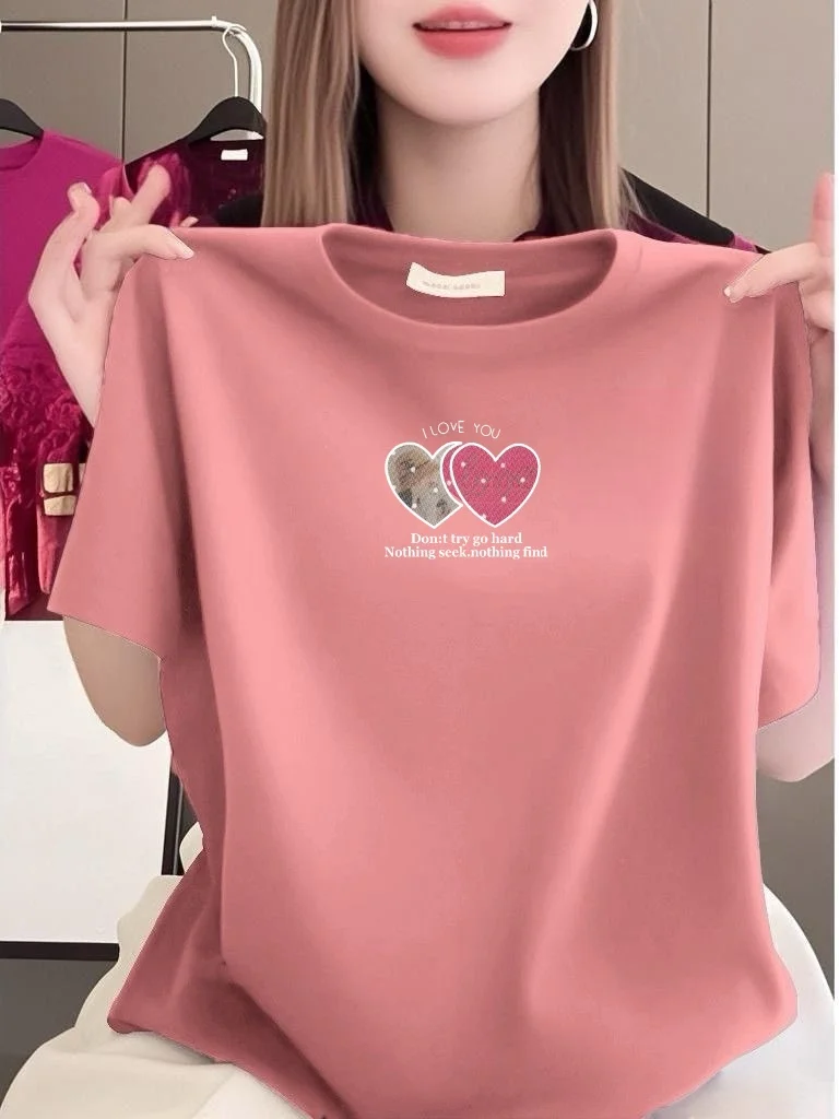 

Loose Polyester Fiber Short Sleeve round Neck Print Heart Pattern Women's T-shirt for Middle-Aged And Elderly Breathable