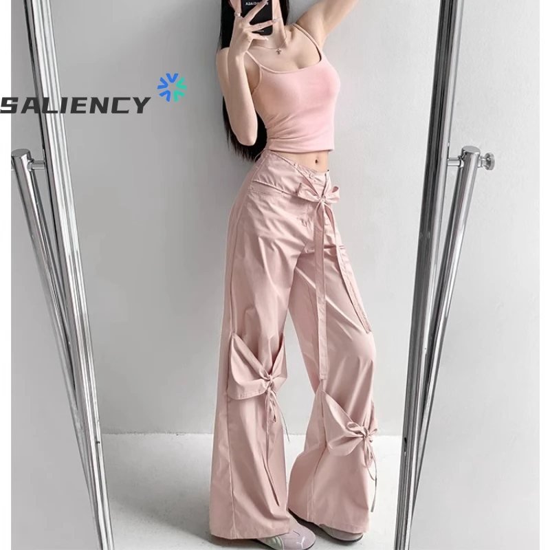 SALIENCY Luźne spodnie damskie z szerokimi nogawkami, wiązane na kokardę, w stylu casual, na wiosnę i lato, proste ogrodniczki w stylu amerykańskim hiphopowym.