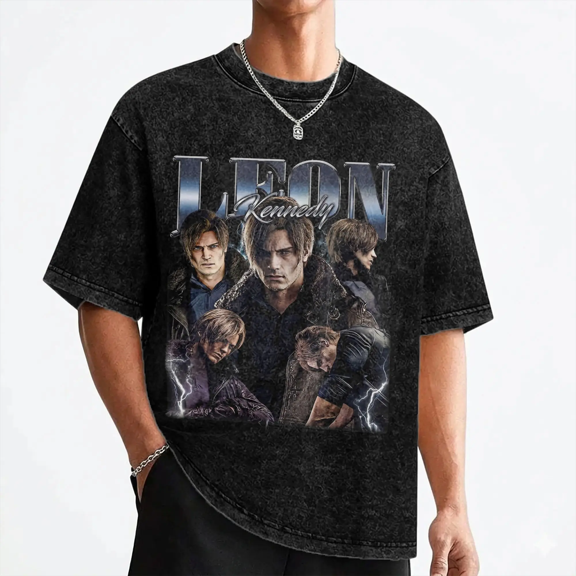 Leon S. Kennedy Washed T Shirts Streetwear Retro T-Shirt Tees for Men Women Cotton High Street Summer