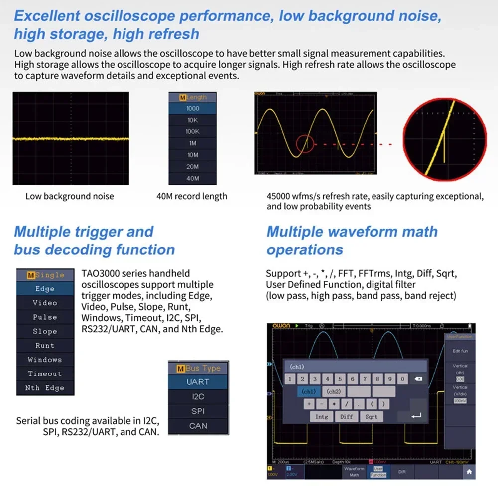 OWON Portable Tablet Digital Oscilloscope 2CH 1GS/s 8 bits TAO3072 TAO3102 14 bits TAO3102A 70/100/120MHz Digital Multimeter