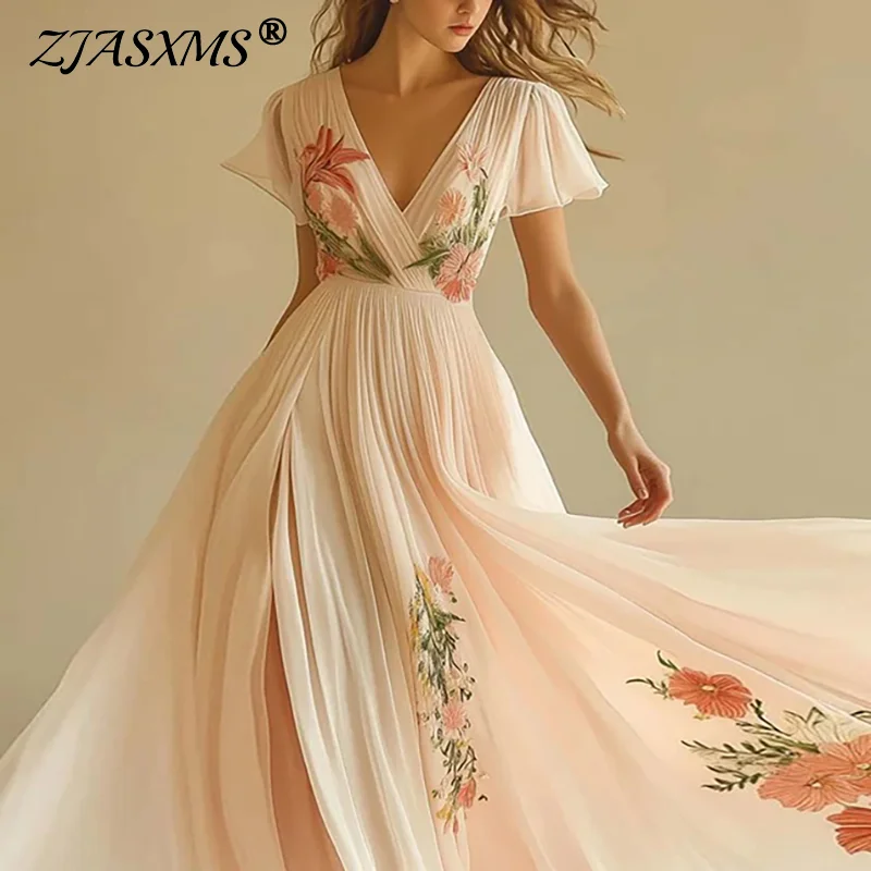 2025 moda manga alargamento estilo chinês vestido mulher novo padrão impresso longo robe verão elegante cintura alta com decote em v vestidos de festa