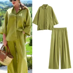 TRAF Pants Sets for Women 2 Pieces Trousers Set Women 2024 Summer Elegant Casual Short Sleeve Shirts Baggy Trousers Women Outfit