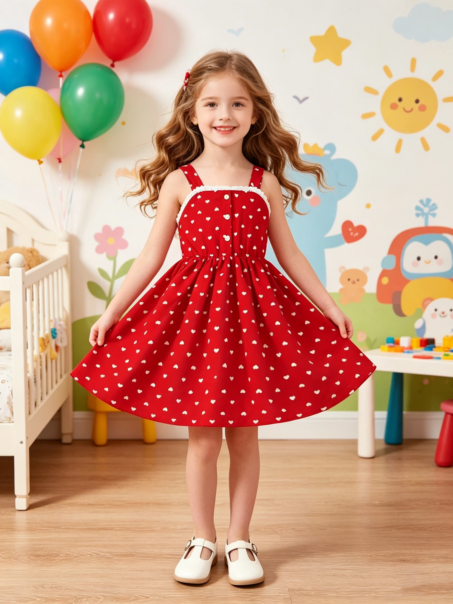 Girls' Summer Fashion Dress Casual Love Pattern Breathable Sleeveless Square Neck No Accessories
