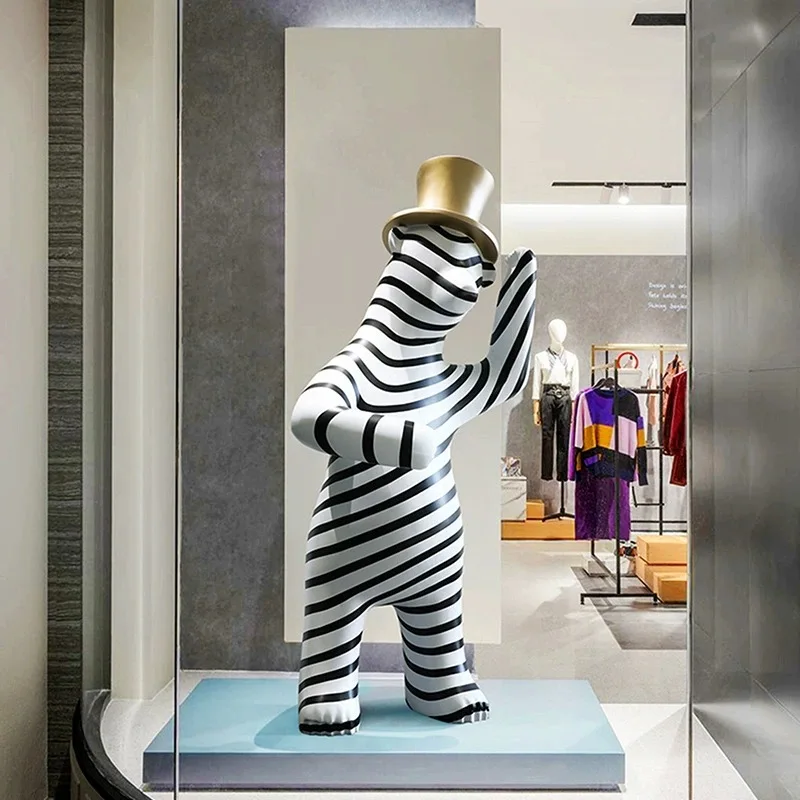 Life-size sculpture floor lamp cartoon bear top hat zebra retro frame resin