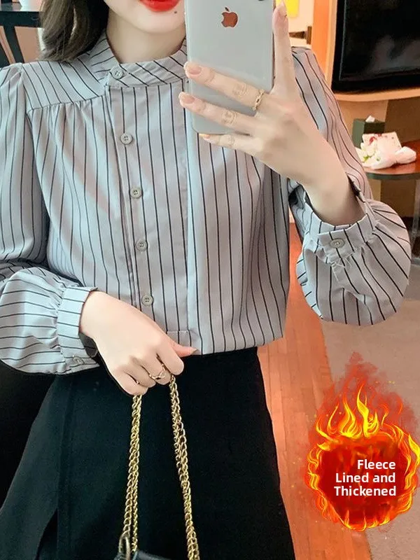 

Модная рубашка с длинными рукавами в полоску на флисовой подкладке, корейский дизайн, элегантный универсальный топ-пузырьковка, свободный крой, полиэстер, для повседневной носки