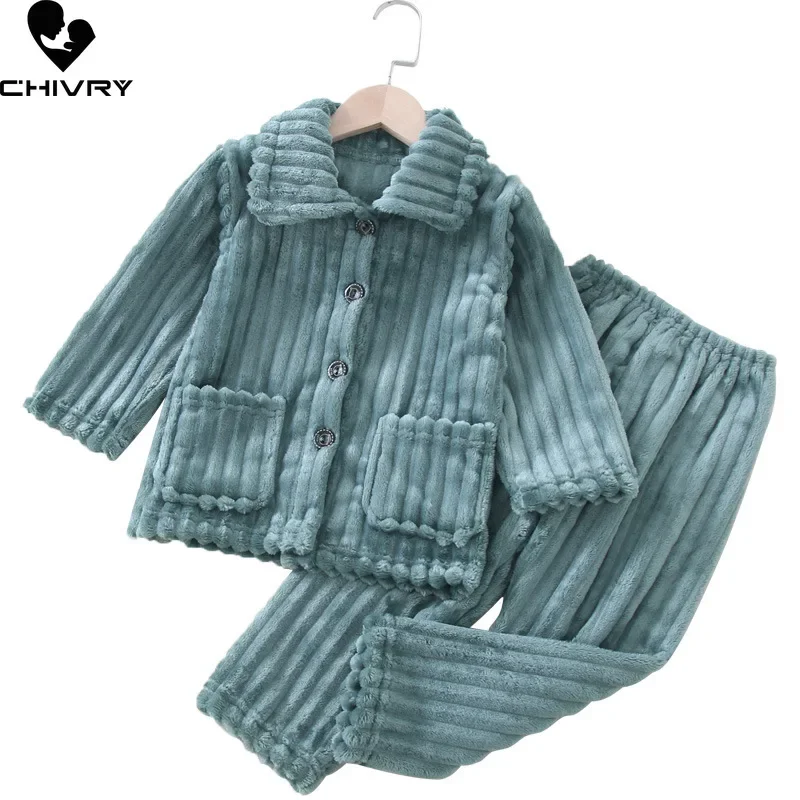 New 2022 Kids Boys Girls Autumn Winter Thick Warm Soft Flannel Pajama Sets Solid Lapel Tops with Pants Sleeping Clothing Sets