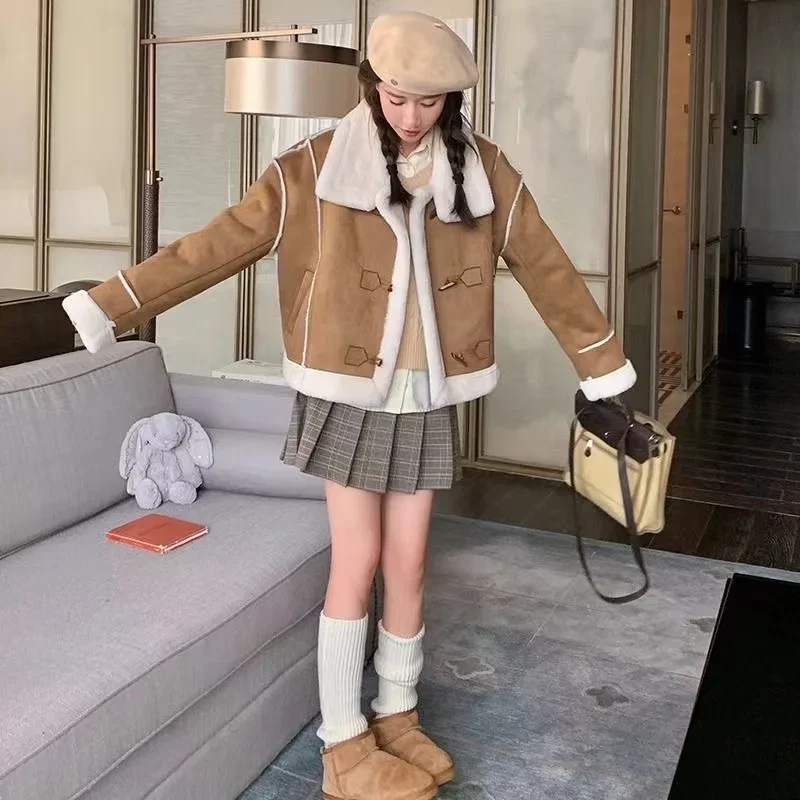 2024 autunno inverno nuove donne cappotti di lana di agnello Design di nicchia colletto rovesciato manica lunga monopetto caldo cappotto addensato
