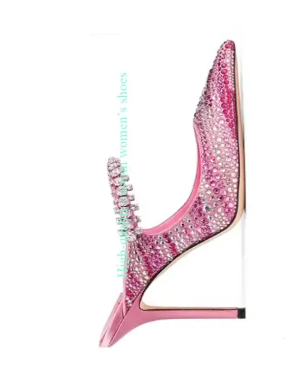 Pointed Green And Red Color-Blocked Full of Rhinestone Decorations Women's High Heels Metal Decorated Low-cut Luxury Sandals