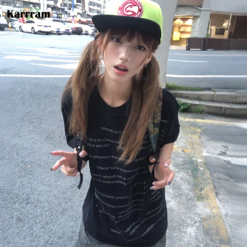 Karrram Japanese Y2k Letter Print T-shirt 2000s Style Short Sleeve Black Tee Shirt Vintage Harajuku Streetwear American Retro