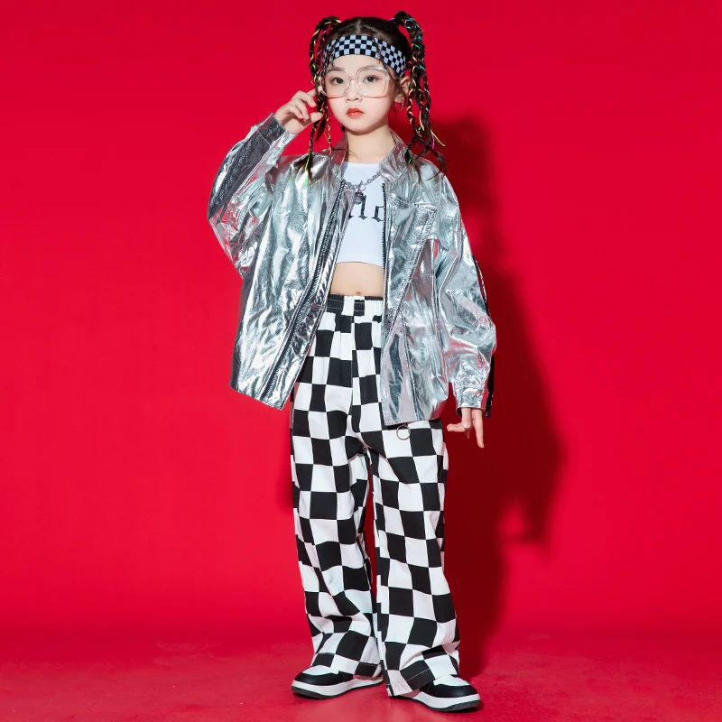 Kids Hip Hop Clothing Sequined Silver Jacket Tops Casual Pants Streetwear For Girl Boy Jazz Dance Costumes Clothes Kpop Outfits