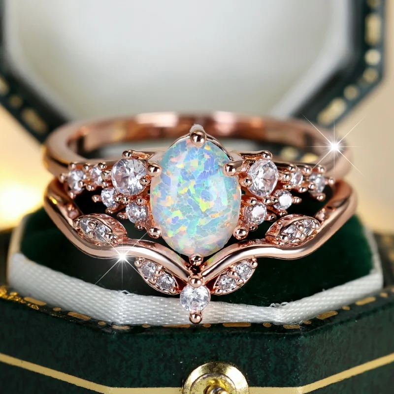 European and American Australian Treasure Two-piece Ring Set with Inlaid Zircon, Romantic and Luxurious Women's Accessories