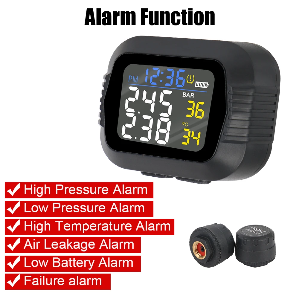 Motorcycle Tire Pressure Monitoring System, Tyre Tester Alarme, Teste Digital, LCD colorido, TPMS, 2 Sensores, Moto Acessórios