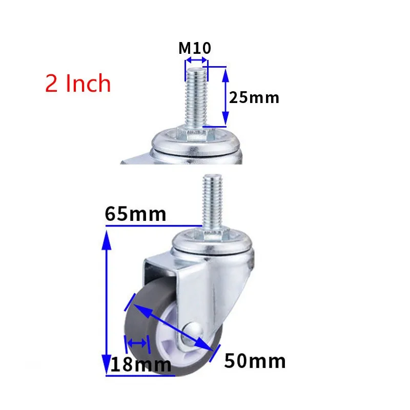 

4 Pcs/Lot Casters 2 Inch Gray TPE Screw Caster, M10 Silent Wheel, Diameter50mm Household Universal Wheel