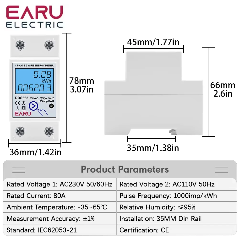 AC 230V 110V 50/60Hz Cyfrowy jednofazowy reset Miernik energii zerowej kWh Napięcie Prąd Miernik zużycia energii Watomierz Szyna Din — zdjęcie 3