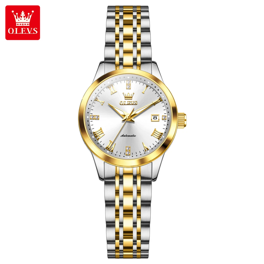 

OLEVS 7062, модные механические часы, подарок, круглый циферблат, ремешок для часов из нержавеющей стали, наручные часы, светящийся календарь