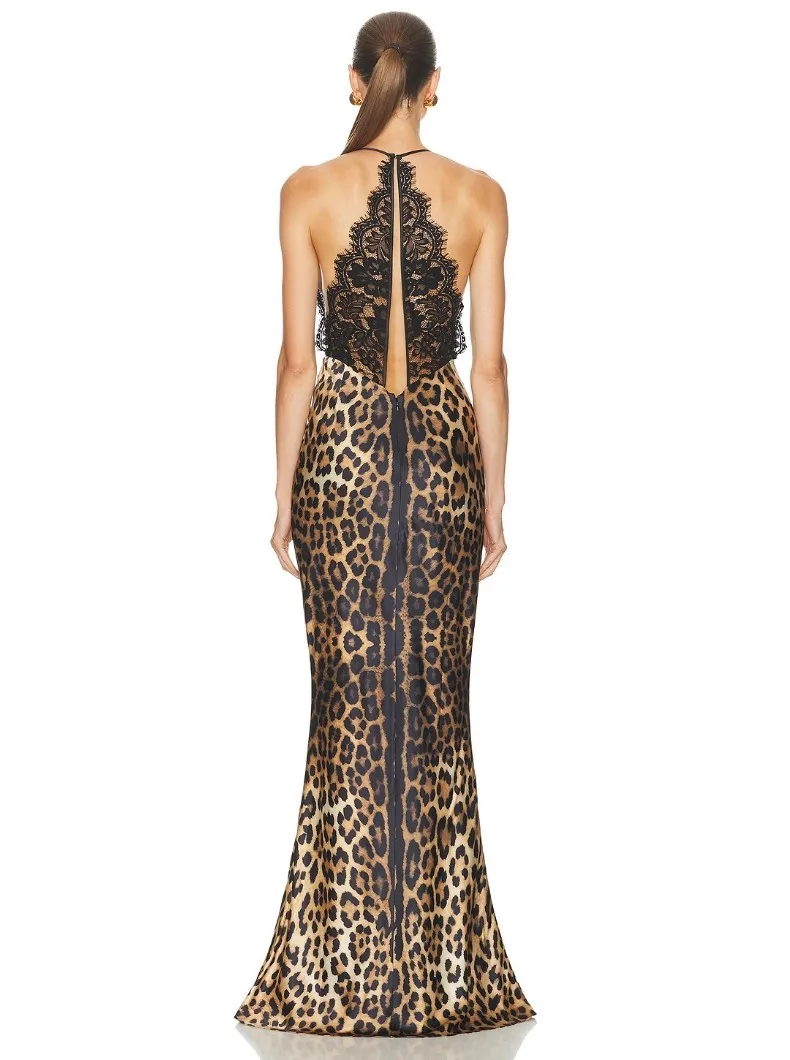 JHJN Leopard Print Around The Neck Satin lace Backless Long Skirt Women Sexy Dress Banquet Dress