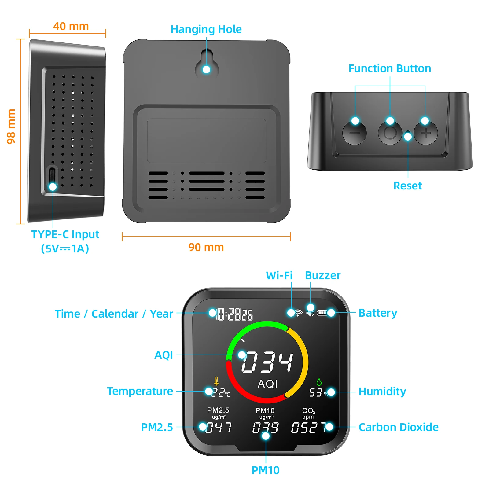 PROTMEX Tuya Wifi 6 w 1 Detektor CO2 Monitor jakości powietrza Miernik dwutlenku węgla Cyfrowy tester temperatury i wilgotności Zegar PTH 9AW