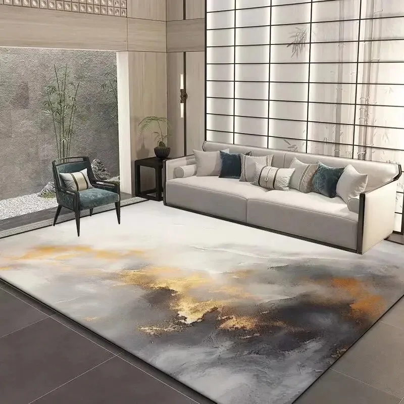 Luxury Abstract Art Area Rug, Teal Blue Gold Marbled Texture Printed Floor Carpet for Living Room Bedroom Indoor Home