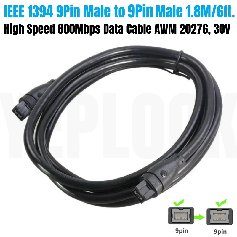 

IEEE 1394b 9Pin Male to Male, Firewire 800 to 800 1.8Meter/6Ft., 800Mbps Data Cable for DV Camera, Printer Scanner, Capture Card