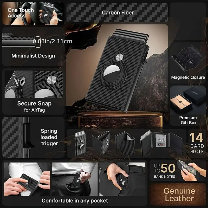 Hot kf-Men's Minimalist Smart Wallet For AIRTAG Slim,Carbon Fiber Card Holder Featuring 9-14 Card Capacity ID Window Cash Slot