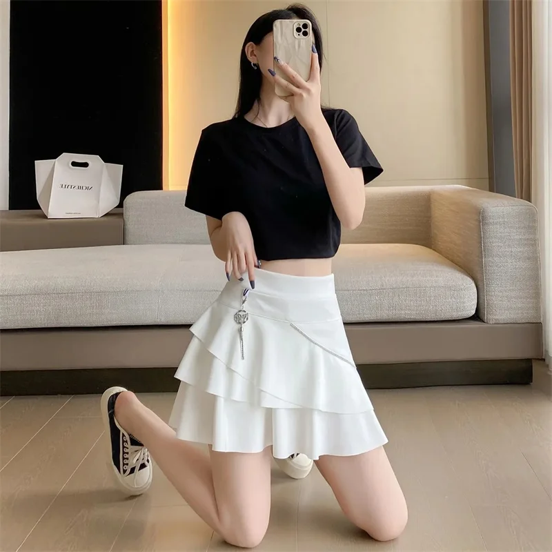 Half Llength Skirt Women Skirts New 2026 Spring Summer Korean Version Diamond Studded High Waisted Ruffle Edge Short Skirt