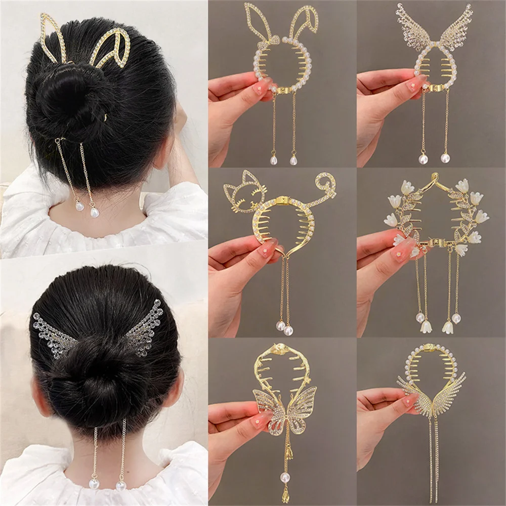 Pearl Tassel Rhinestone Hair Clasp Bun Maker Hair Claw Girls High Ponytail Clip Temperament Hair Buckle Headdress Accessories