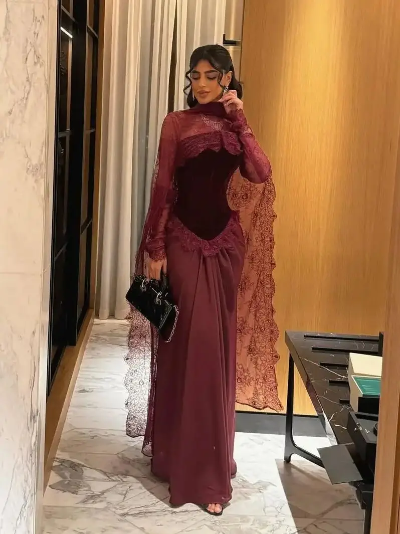 

Ofherown Burgundy Velvet Lace Evening Dress Women Strapless Mermaid Ruched Maxi Gown with lace shawl Formal Party Prom Dress