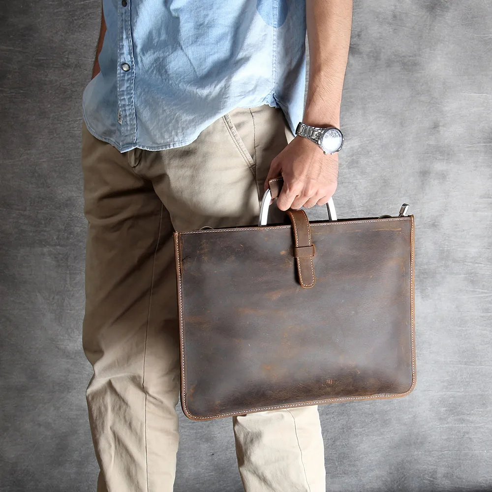 S.WORKER Vintage Echtleder Herren-Aktentasche Laptop-Tasche Einfacher Stil Crazy Horse Leder Schultertasche Italienisches Rindsleder – Detail 5