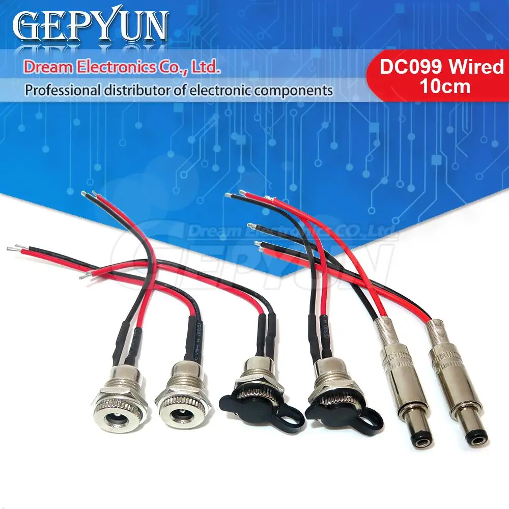 1PCS DC099 Wired 10cm 20cm DC power Female 5.5 * 2.1 5.5*2.5mm DC Socket Panel Mount Connector Current All Metal Male Female