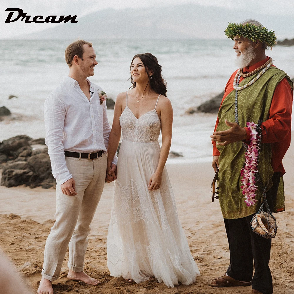 Dream personalizado rendas cintas de espaguete tule boho vestido de casamento sem mangas uma linha sem costas com decote em v vestidos de noiva praia verão