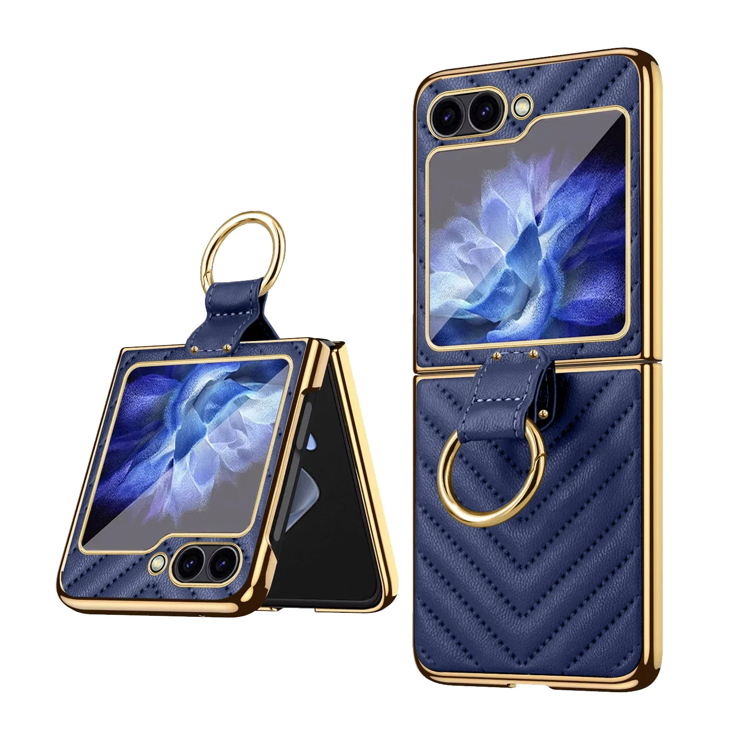 

Compatible With Samsung Galaxy Z Flip 6 5 4 3 Golden Plated Finger Ring Holder Kickstand Leather Mobile Phone Case, Blue