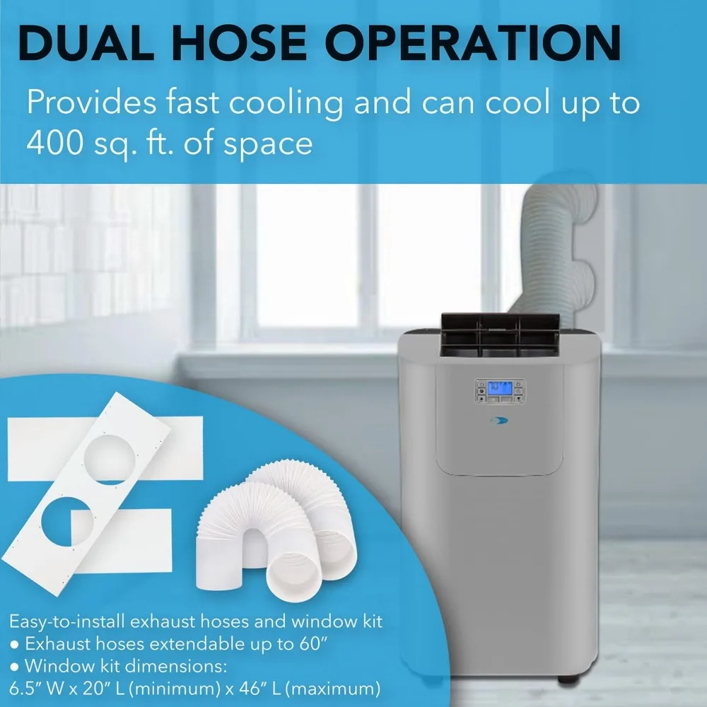 Portable Air Conditioner 12,000 BTU with Dual Hose Dehumidifier & Cooling Fan for 400 Sq Ft Rooms,