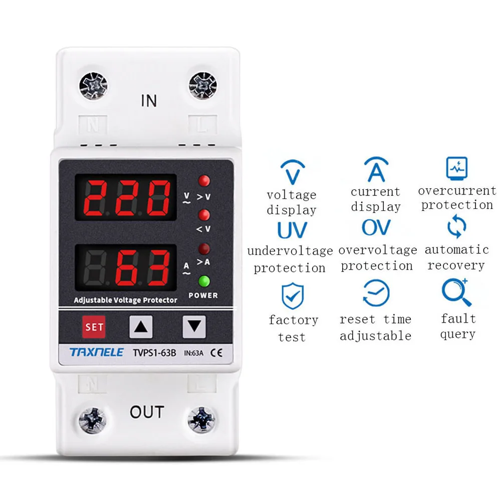 

40A 63A 80A 220V Din Rail Adjustable Over Voltage and Under Voltage Protective Device Protector Relay Over Current Protector