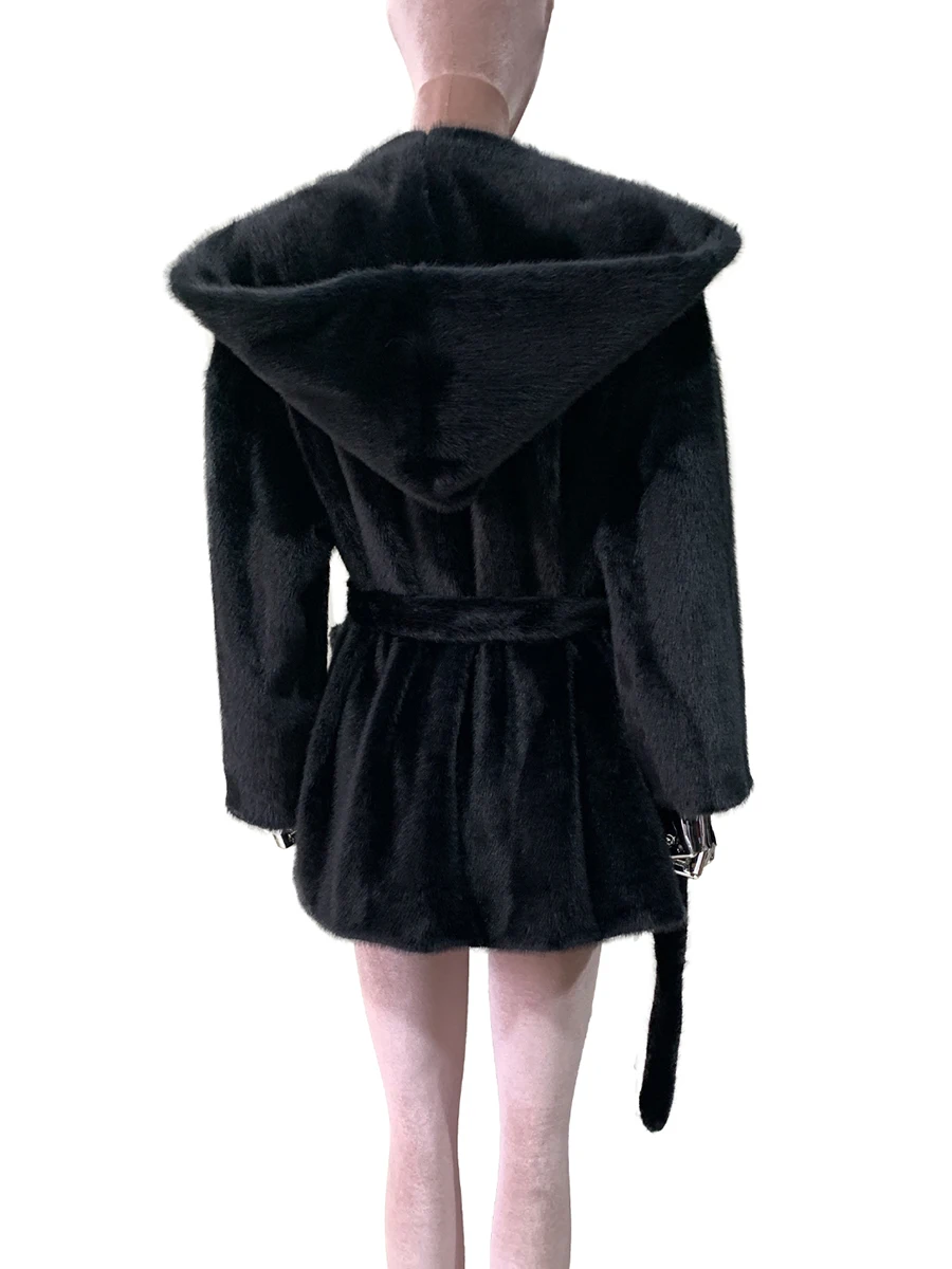 Autumn Winter Warm Thick Soft Faux Mink Fur Coat Women with Hood Sashes Elegant Chic Luxury Designer Clothes Fluffy Jacket 2025