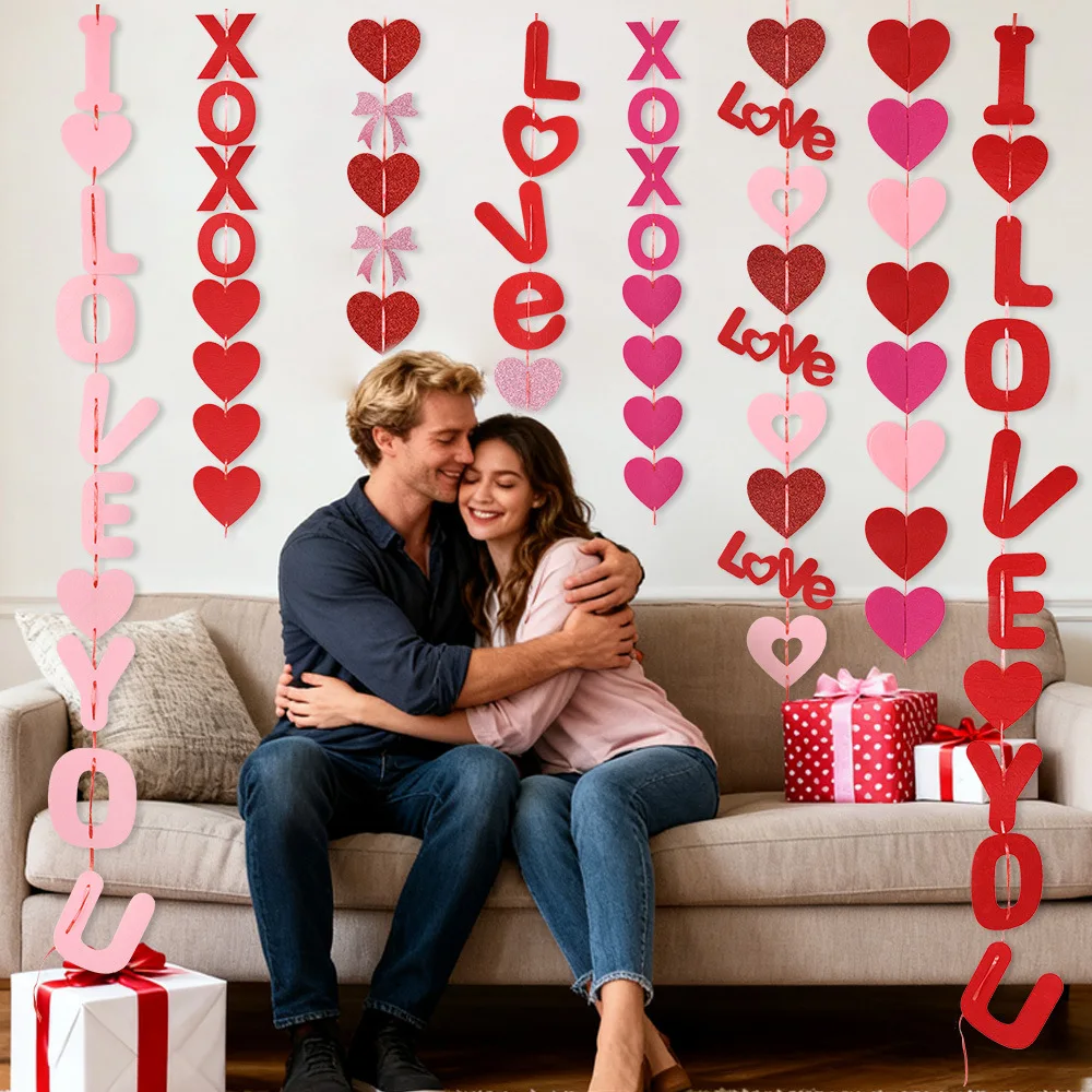 ديكور زفاف لعيد الحب ومهرجان Qixi - رسالة حب وإكليل معلق على شكل قلب أحمر - زخرفة خلفية رومانسية