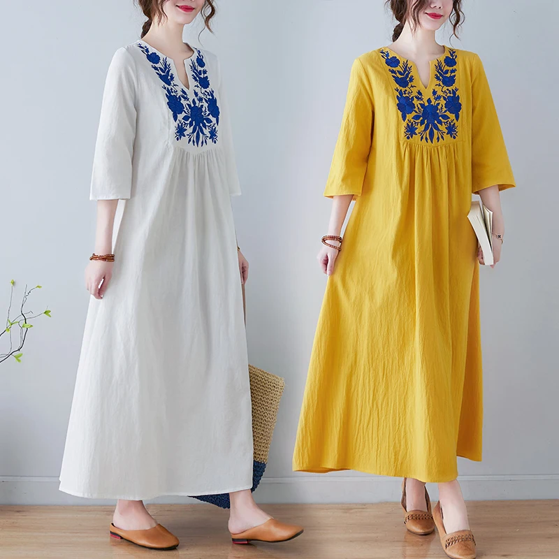 New Ethnic Style Loose Deep V-Neck Midi Cotton Linen Embroidered Dress Knee-Length Fashion Trend Women's Clothing