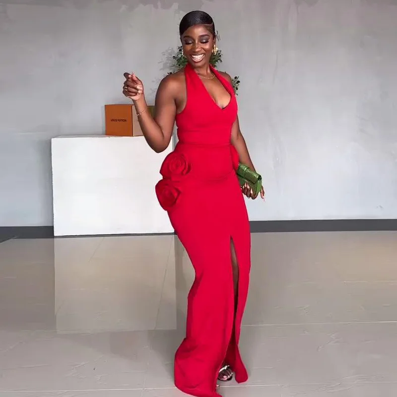 Irmã estrela moda sexy elegante estereoscópico flor dividir vestidos longos atacado boate festa temperamento vestidos de viagem