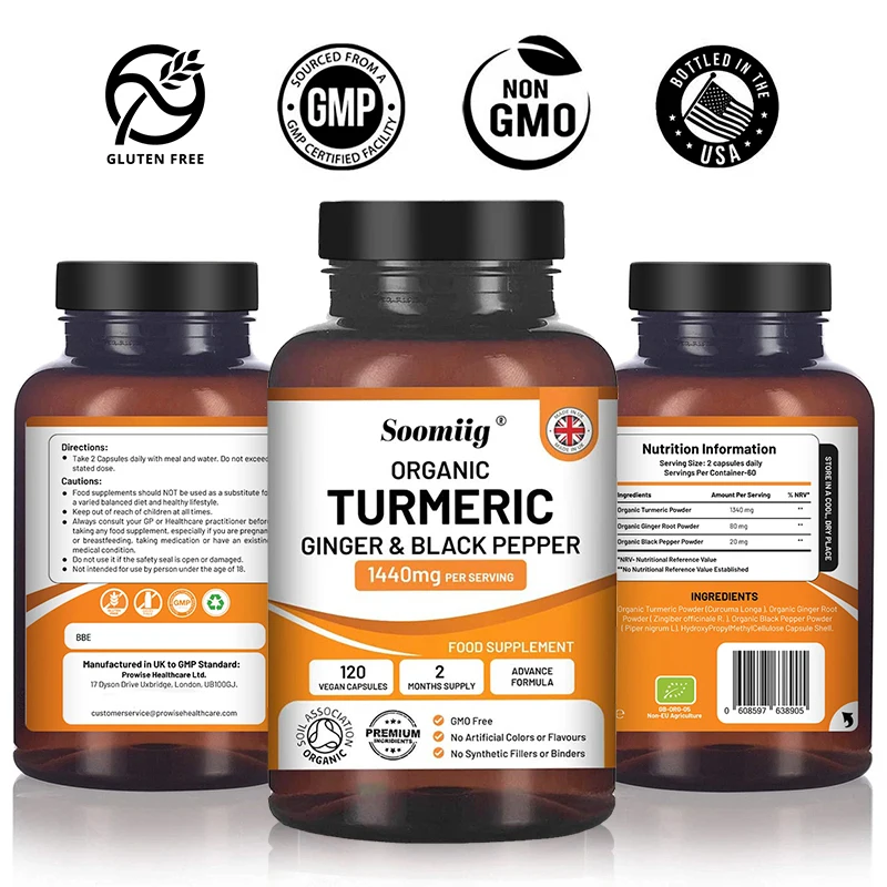 Organic Turmeric Extra Strength 1440 Mg 120 Capsules with Black Pepper, Ginger & Active Ingredient Curcumin for Joint Health