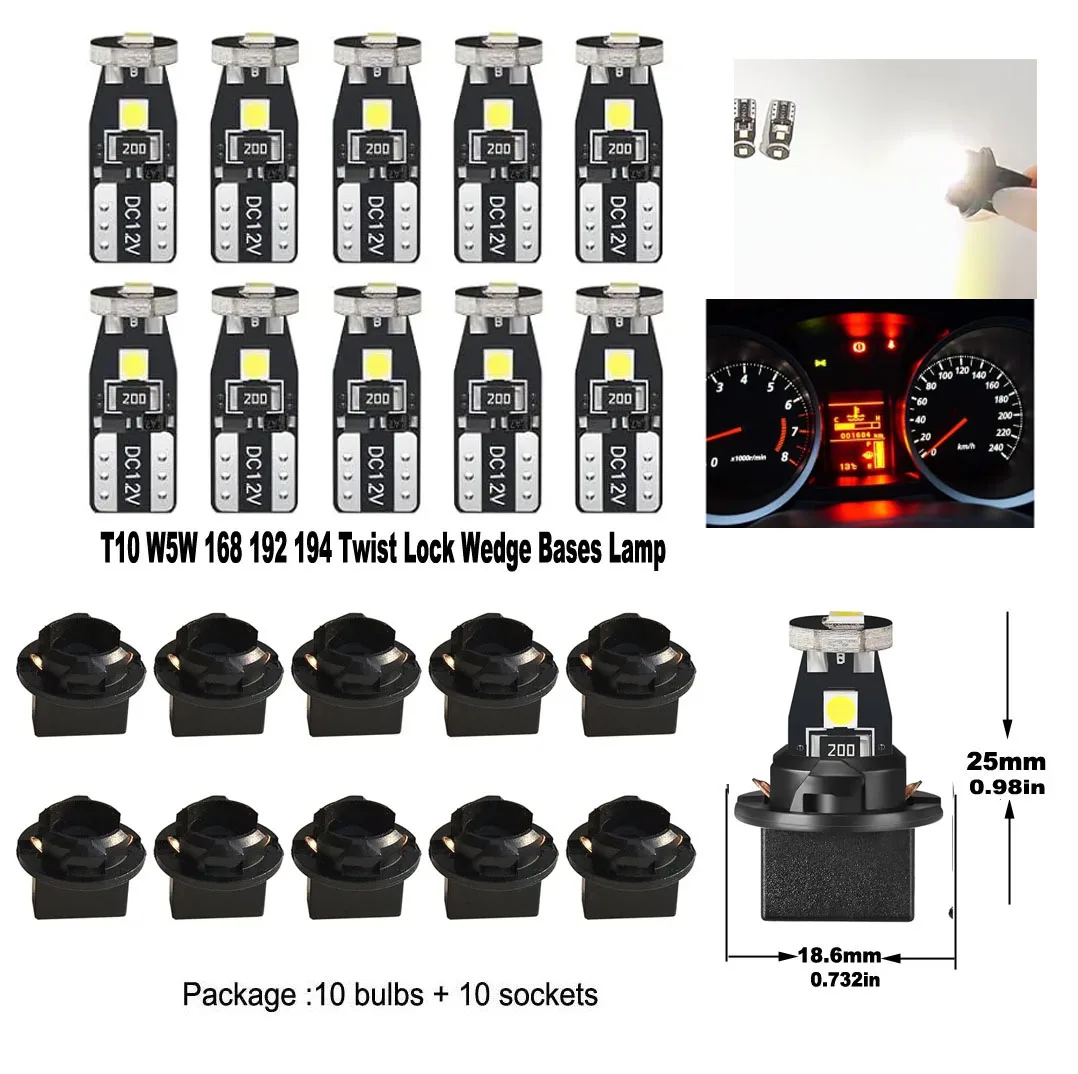 10pcs PC195 PC194 PC168 Twist Socket Gauge Instrument Cluster Dashboard Bulbs Dash Lights T10 194  W5W White Led Bulb Light  12V