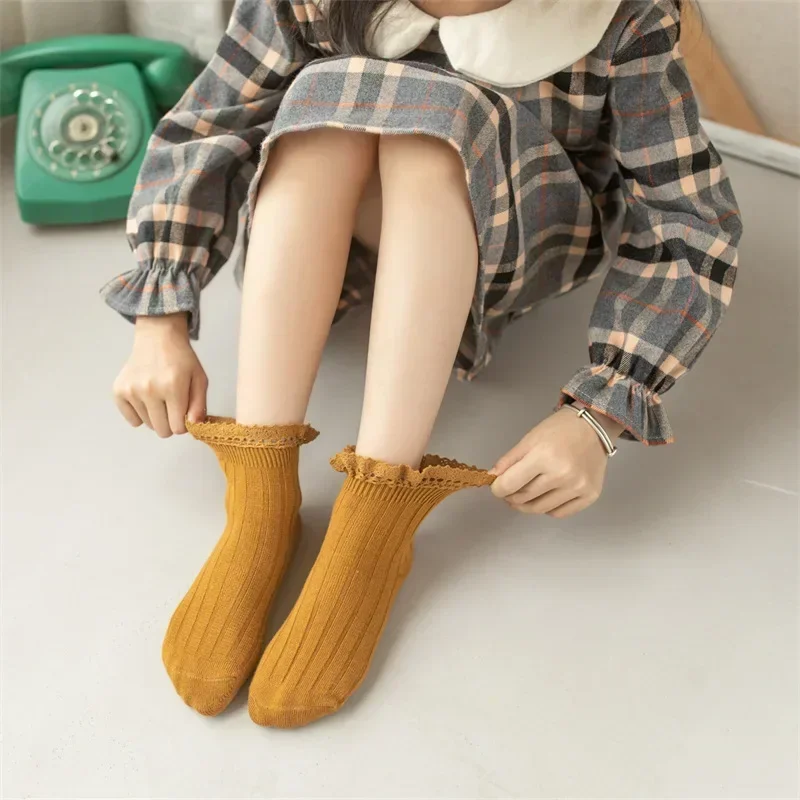 5 Pairs Kids Combed Cotton Lace Trim Crew Socks Five Colors Korean Princess Style for Girls and Boys Ages 3 to 12 Spring Autumn