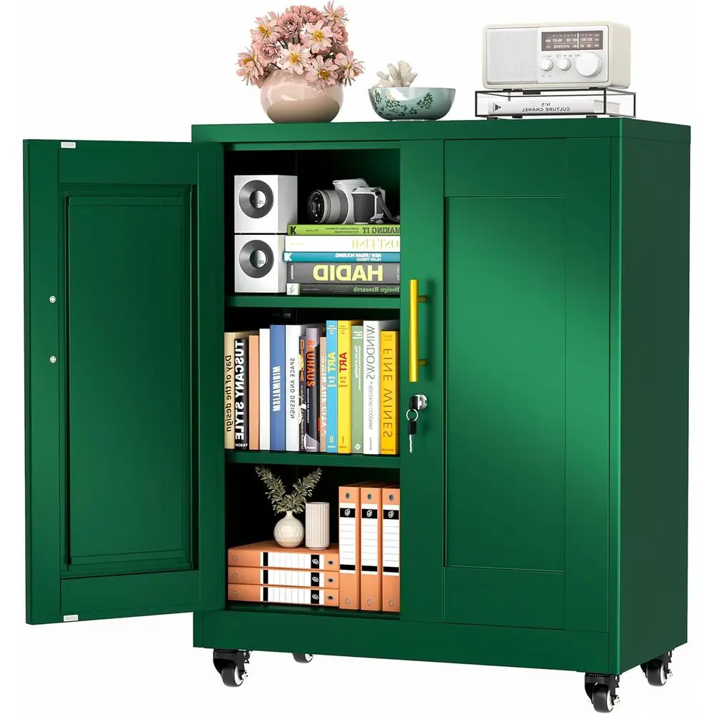 

36-Inch Lockable Metal Storage Cabinet with 2 Adjustable Shelves and Wheels, Green Organizer for Home or Office/Garage