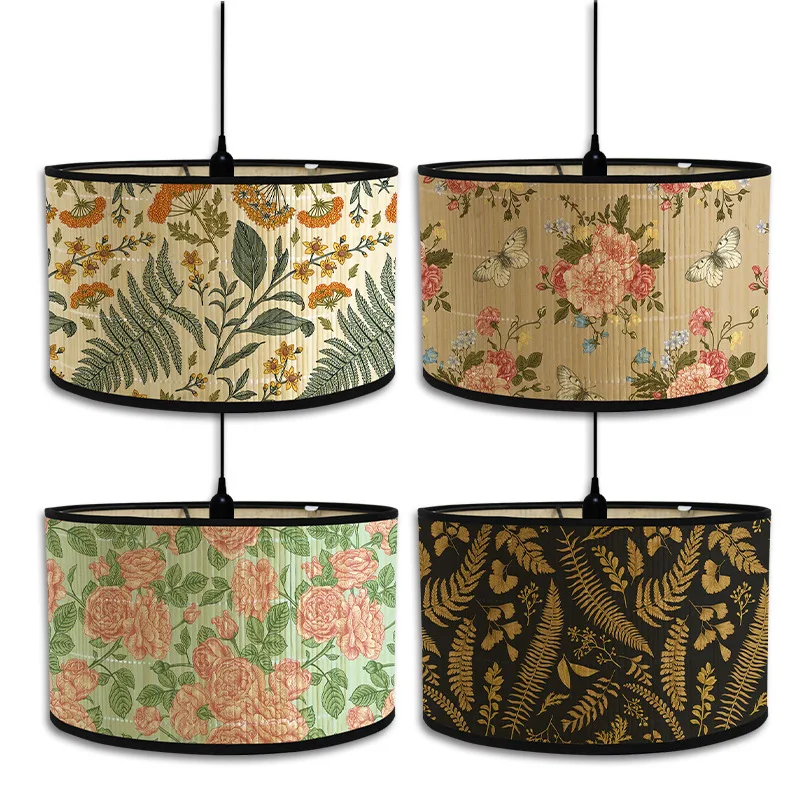 Japanese Vintage Printed Lampshade Bedroom Living Room Bamboo Decorative Chandelier Home Homestays Decor Retro Lampshade