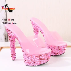 Women Shiny Sequins Nightclub Dance Shoes Summer Thin Heeled Slippers Glitter T Show Sandals 2024 Thick Platform Stripper Heels