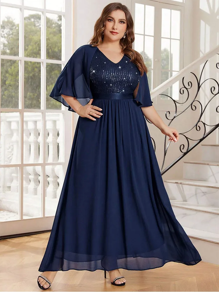 Plus Size Chiffon Royal Blue Sequins Long Bridesmaid Banquet Evening Dress Elegant Luxurious Plus Size Evening Dress 2024