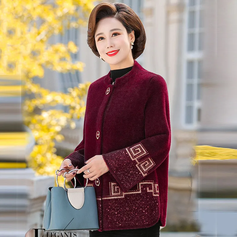 New Middle-aged Elderly Women Imitation Mink Velvet Sweater Jacket Spring Fall Women Knitted Cardigan Large Size Mother Clothes