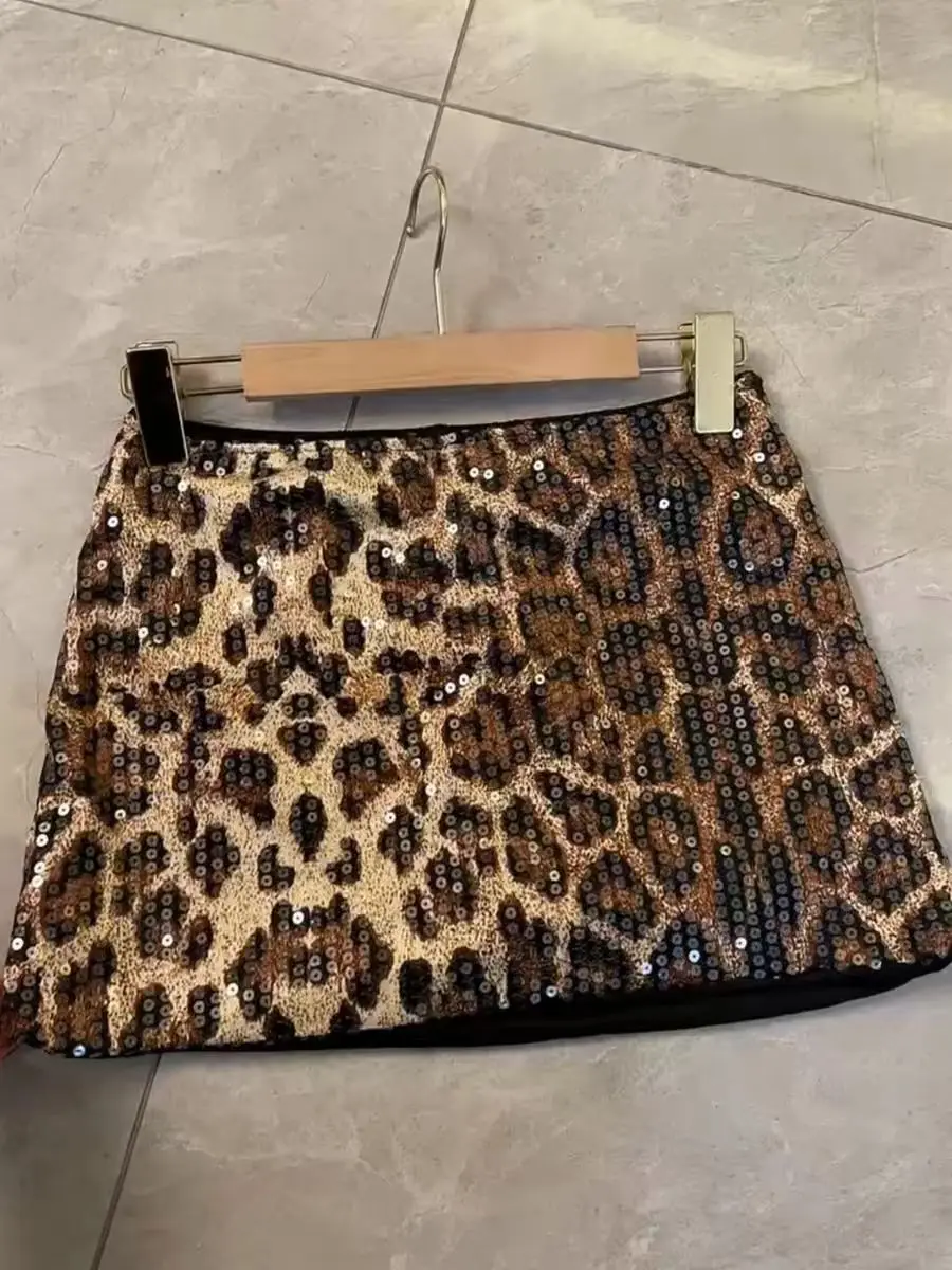 Sexy Leopard Print Sequined Skirt Women's Summer High Waist A Word Short Skirt Spice Girl Slim Hip Skirt
