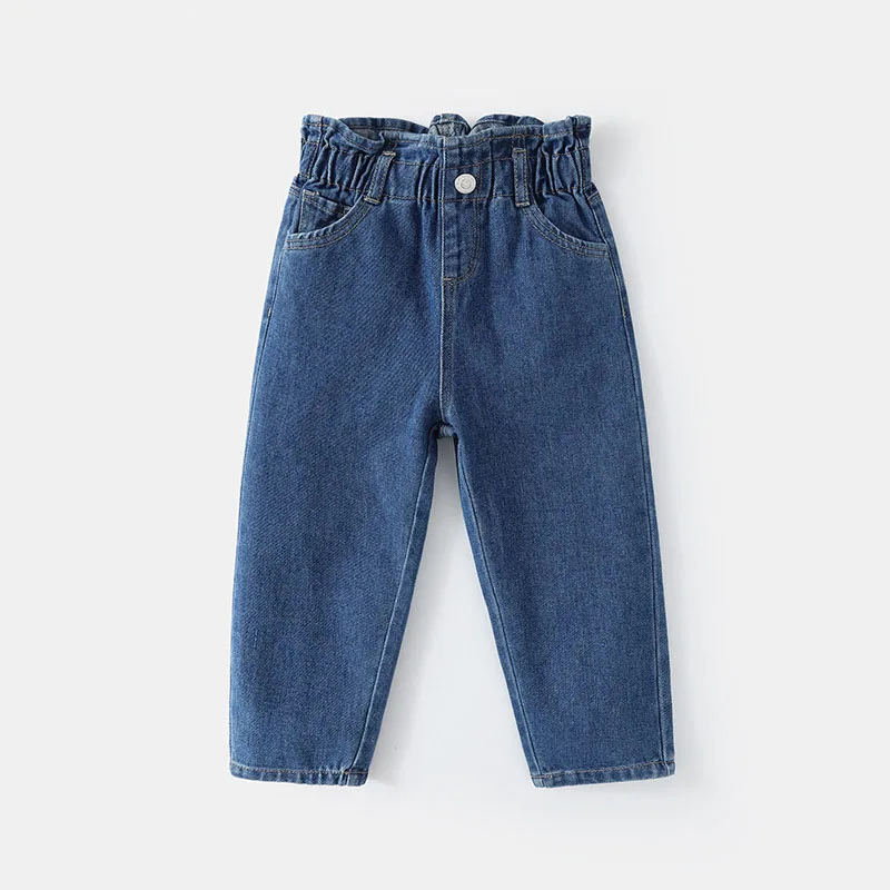 LILIGIRL Neue 2026 Frühling Kinder Jeans Mädchen Nette Einfarbig Denim Blau Hosen Kinder Lose Hosen