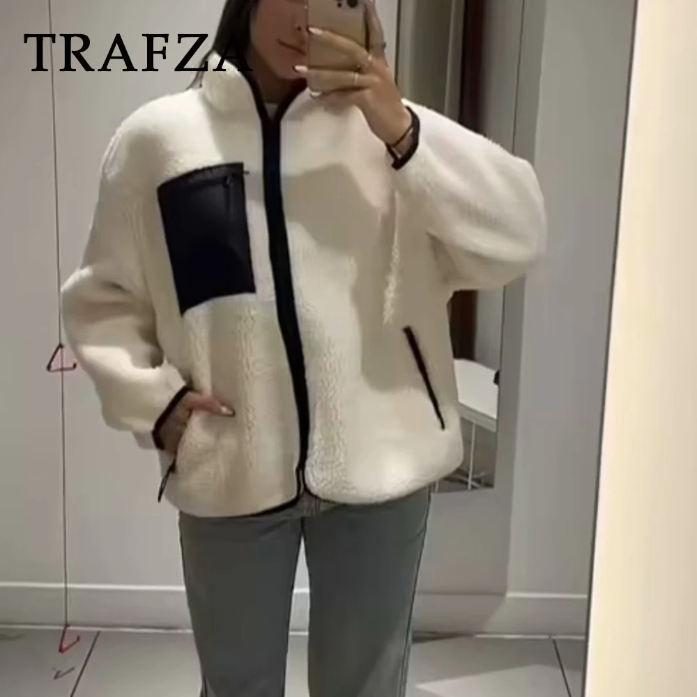 TRAFZA-abrigos Vintage de piel de peluche para mujer, chaquetas gruesas holgadas con cuello redondo y bolsillos, con cremallera, elegantes, a la moda, para otoño e invierno, 2023