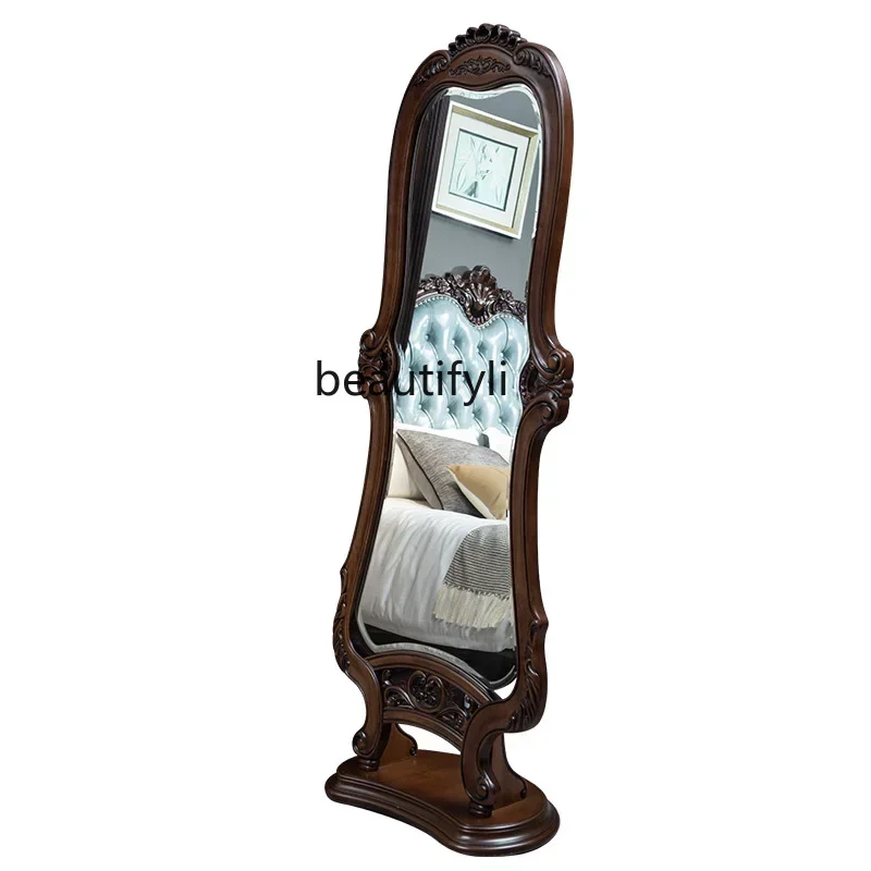 

American walnut solid wood full-length mirror European retro carved bedroom fitting mirror living room full body